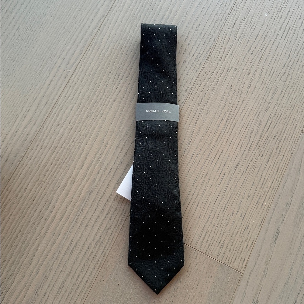 NWT Michael Kors Black with White Polka Dots and Spiral Design Tie